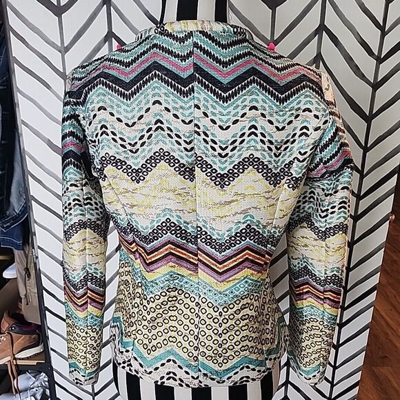 Holly Bracken Womens Blazer Jacket Sz Small Yellow Blue Chevron Print Zip Front - Picture 7 of 12